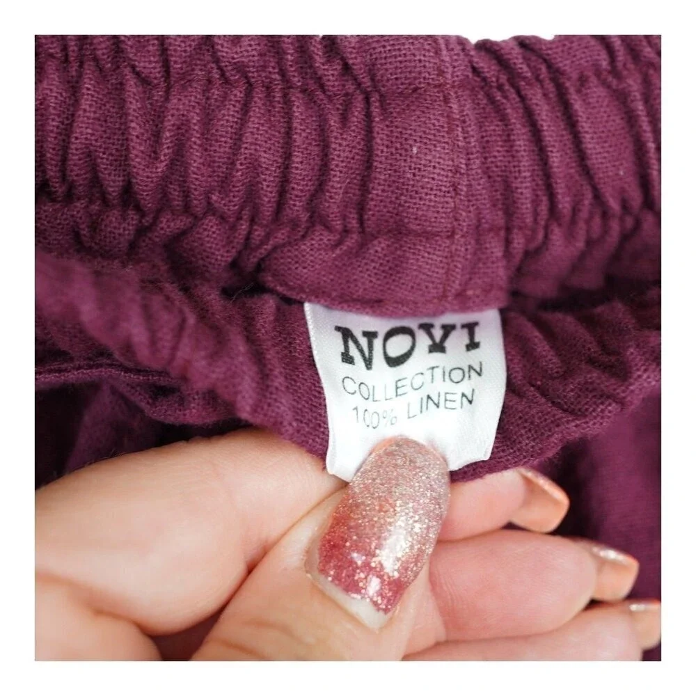 NOVI Collection 100% Linen Pants Womens Medium Burgundy Elastic Waist Minimalist